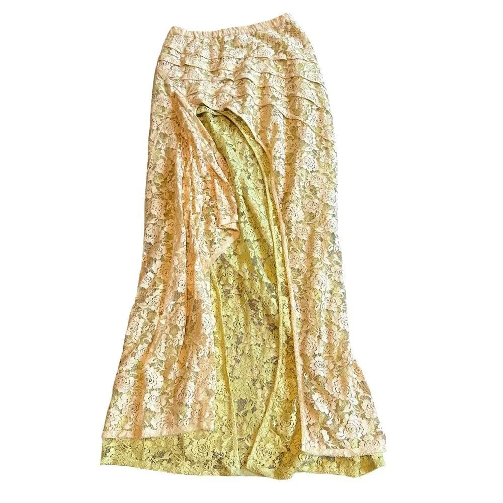 Free People FP One Solene Creme Peach High Low Maxi Skirt Stretch Lace Med NWT - Picture 2 of 14